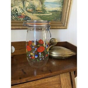 Vintage R Carman Arc France Floral Flowers Poppy Glass Storage Jar 1.5 Liter